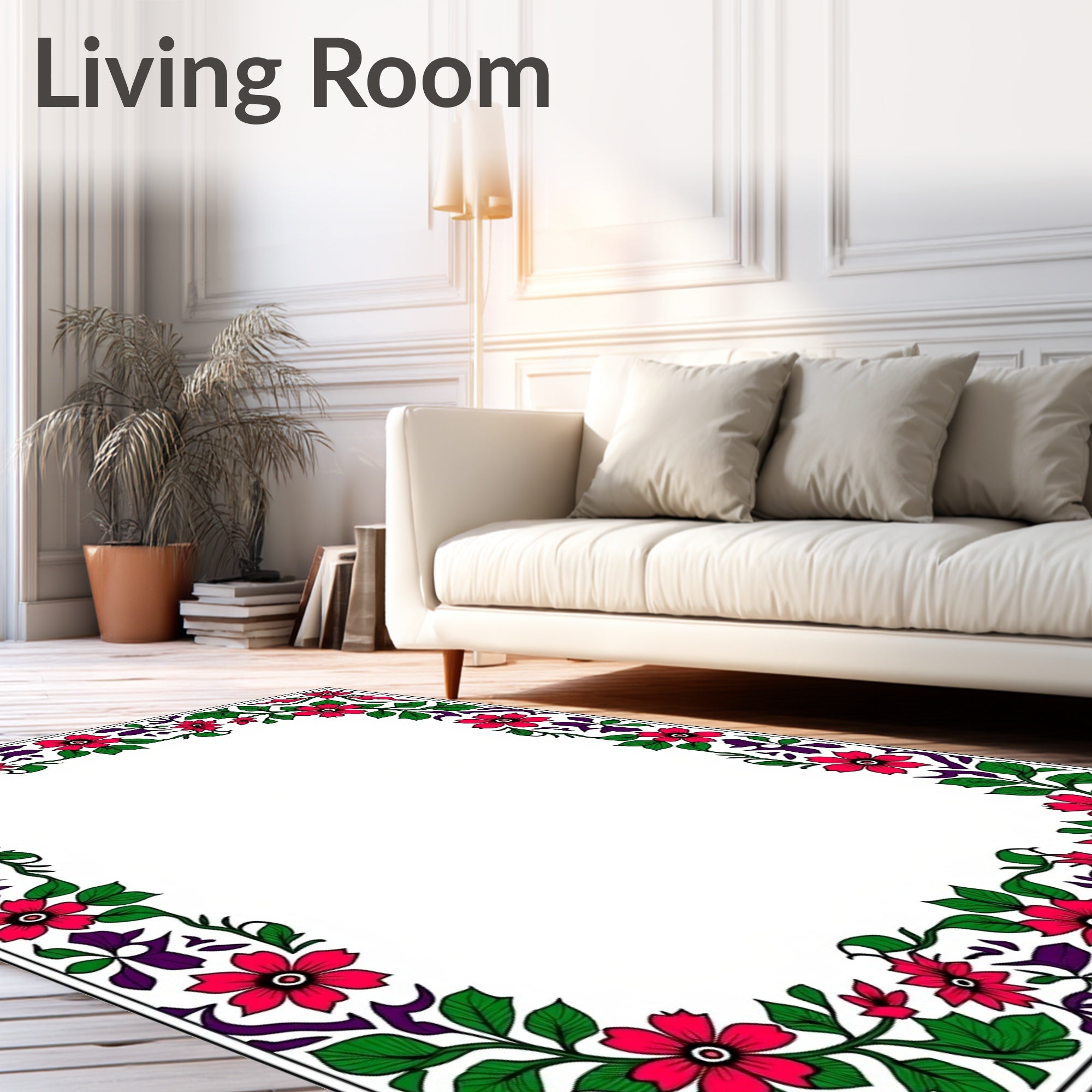 Crimson Floral Green Vine Border Rug