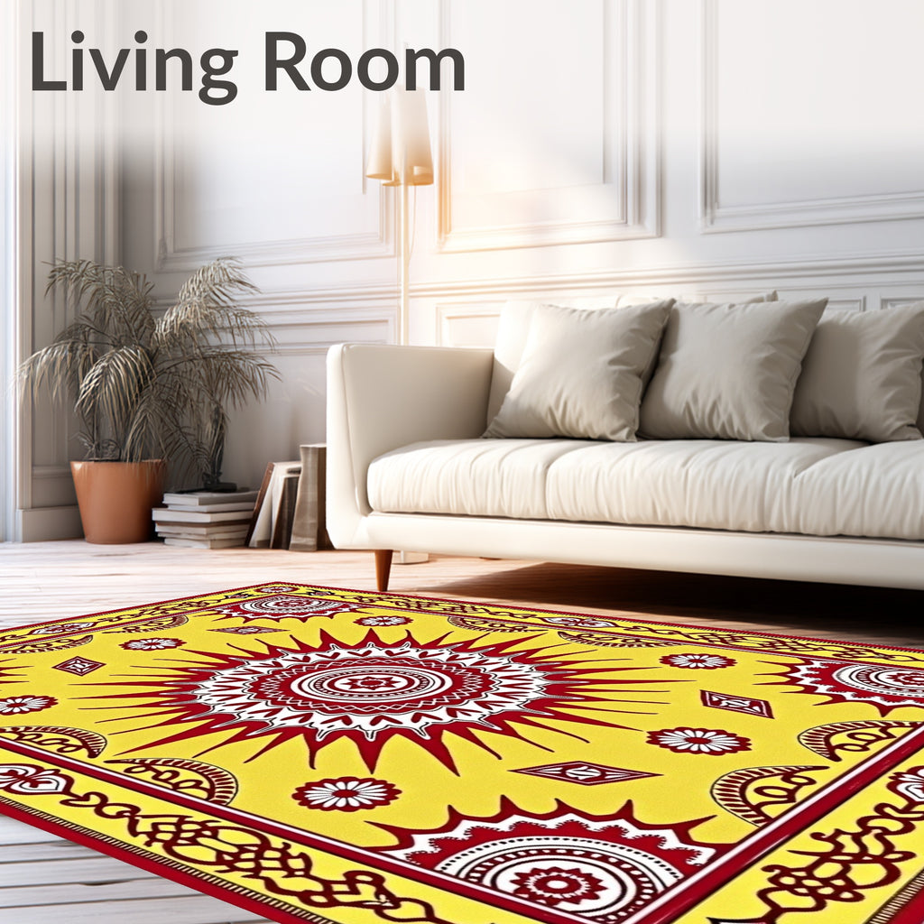 Crimson Sunburst Yellow Tribal Medallion Rug