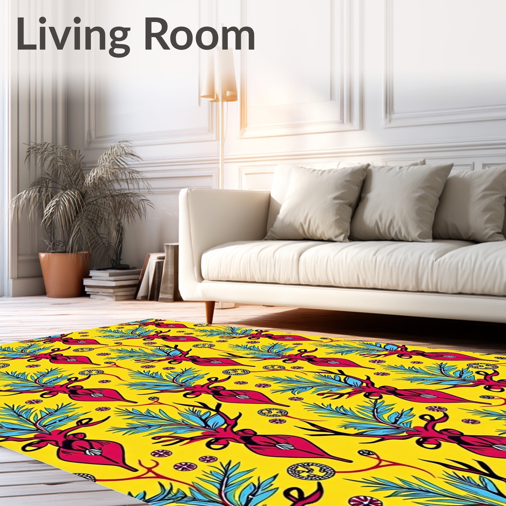 Vibrant Pink Deer Foliage Yellow Rug