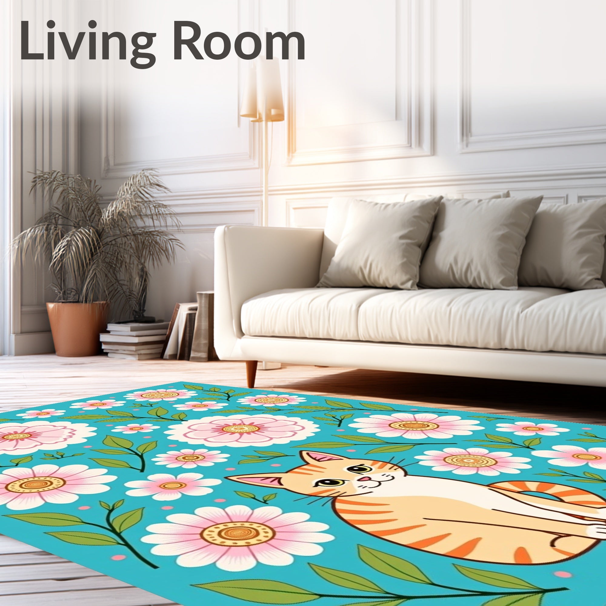 Whimsical Cat Floral Garden Turquoise Rug