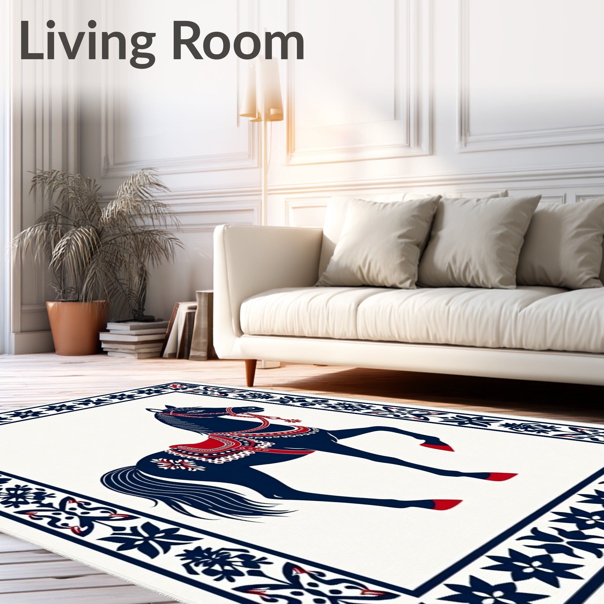 Navy Blue Red Horse Folk Art Rug