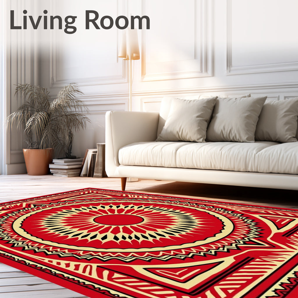 Crimson Sunburst Geometric Square Rug