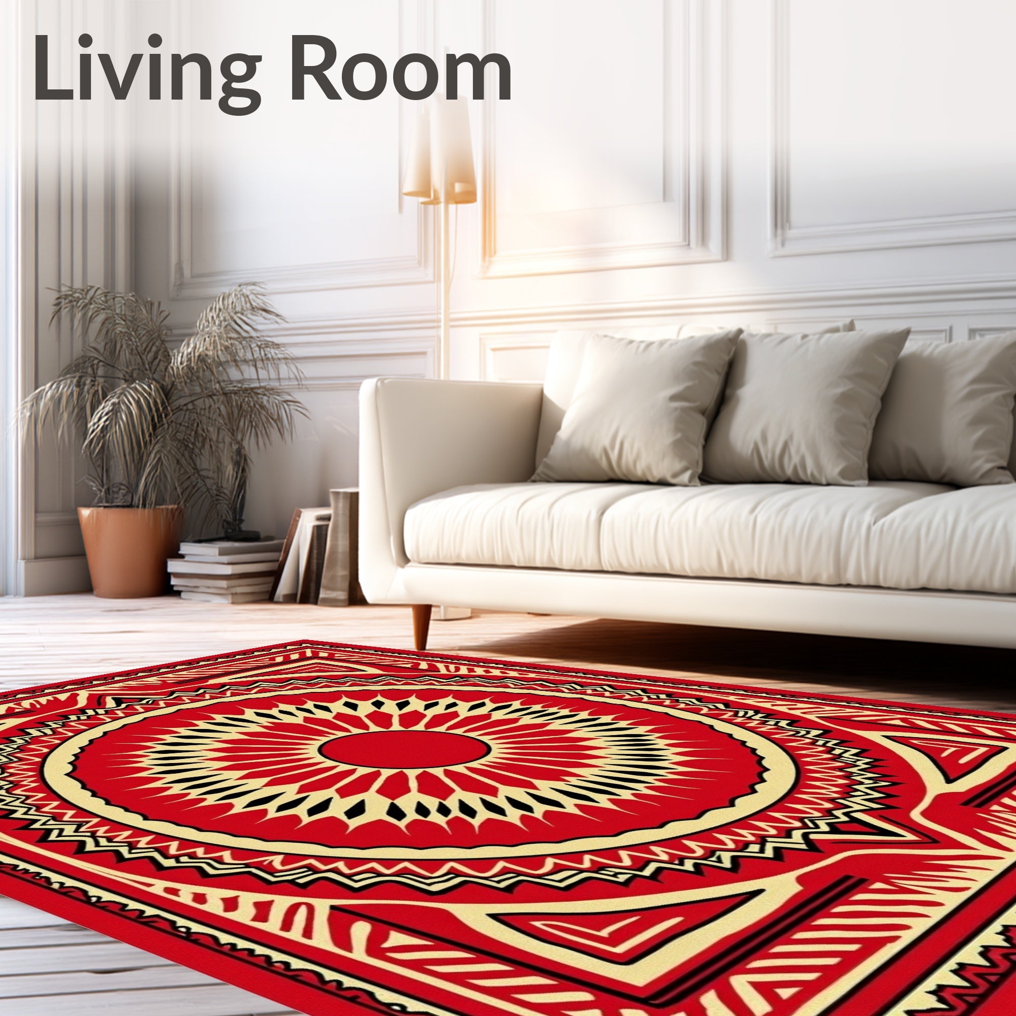 Crimson Sunburst Geometric Square Rug