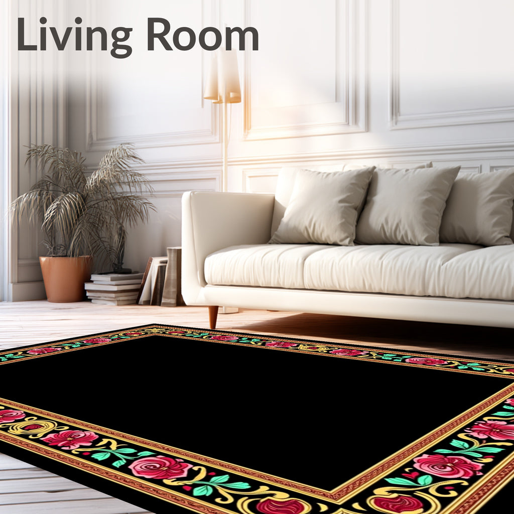 Ornate Pink Rose Leaf Scroll Frame Rug