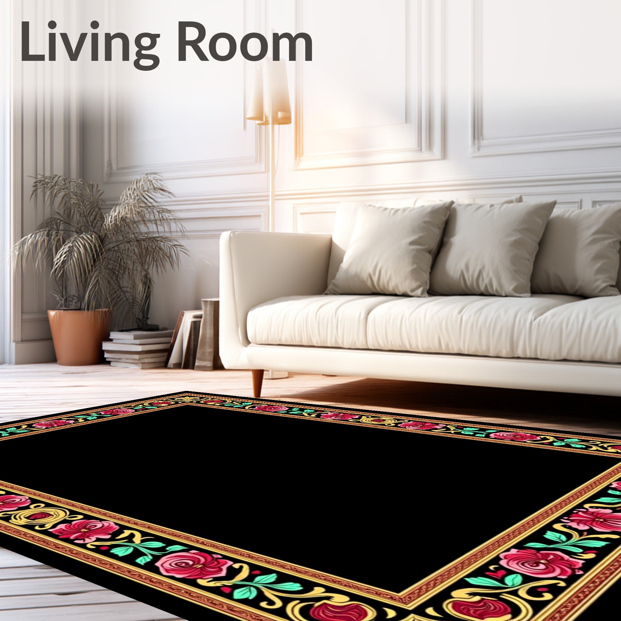 Ornate Pink Rose Leaf Scroll Frame Rug