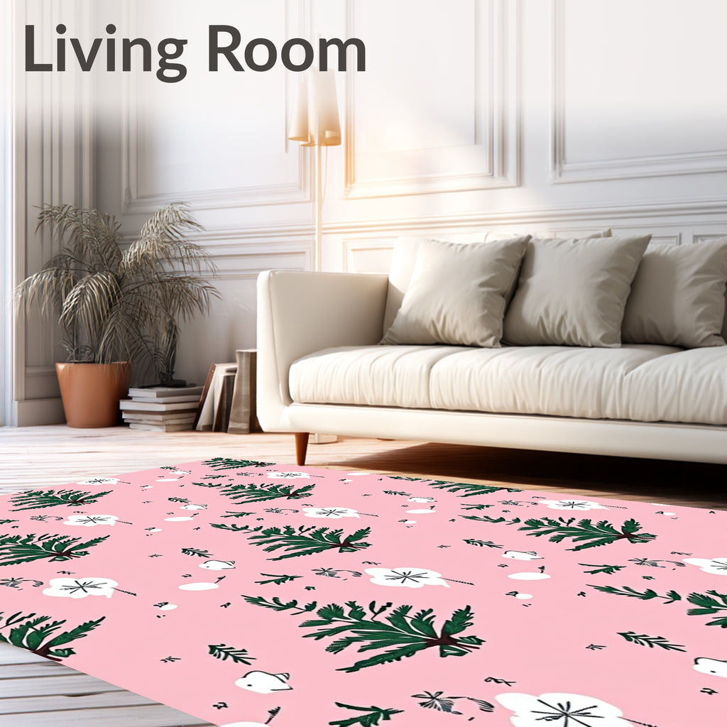 Evergreen Tree White Flower Pink Background Rug