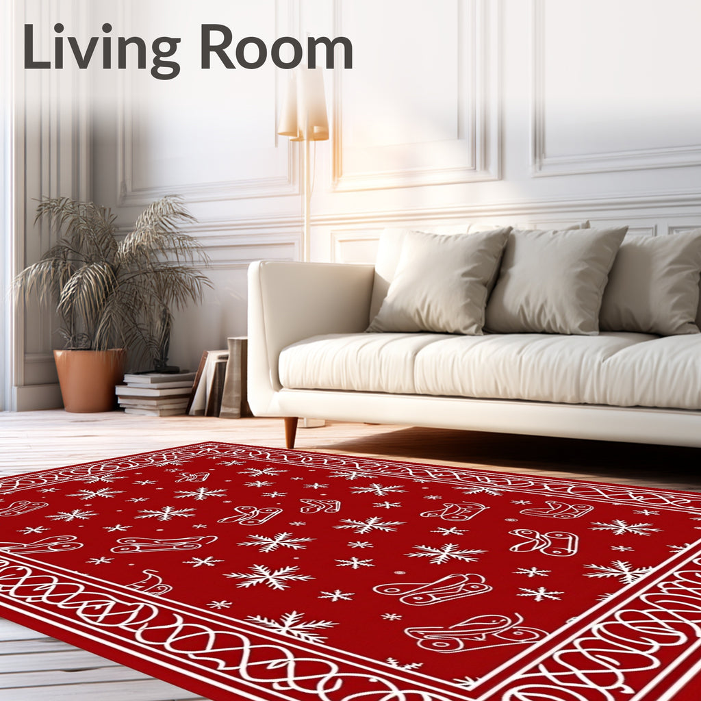 Red Sleigh Snowflakes Winter Border Rug