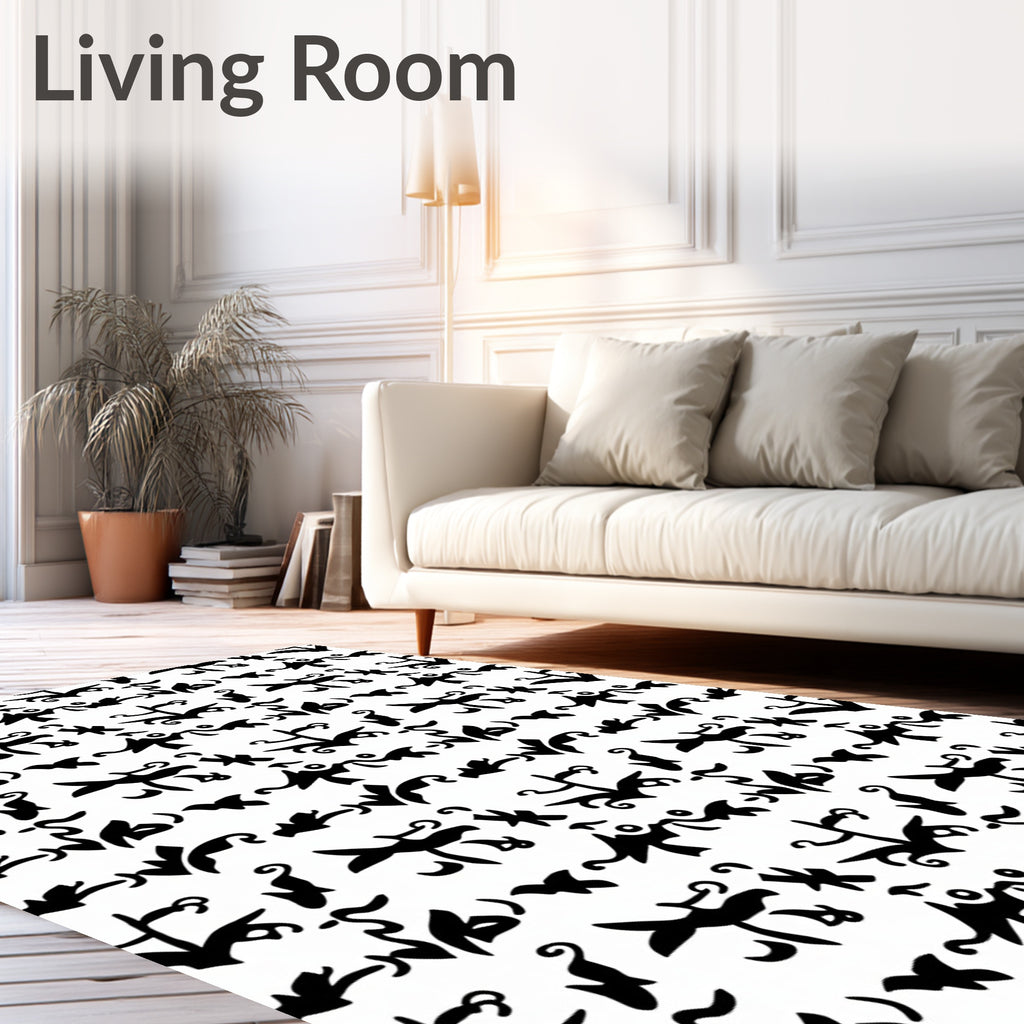 Black White Whimsical Folkloric Animal Arrangement Rug