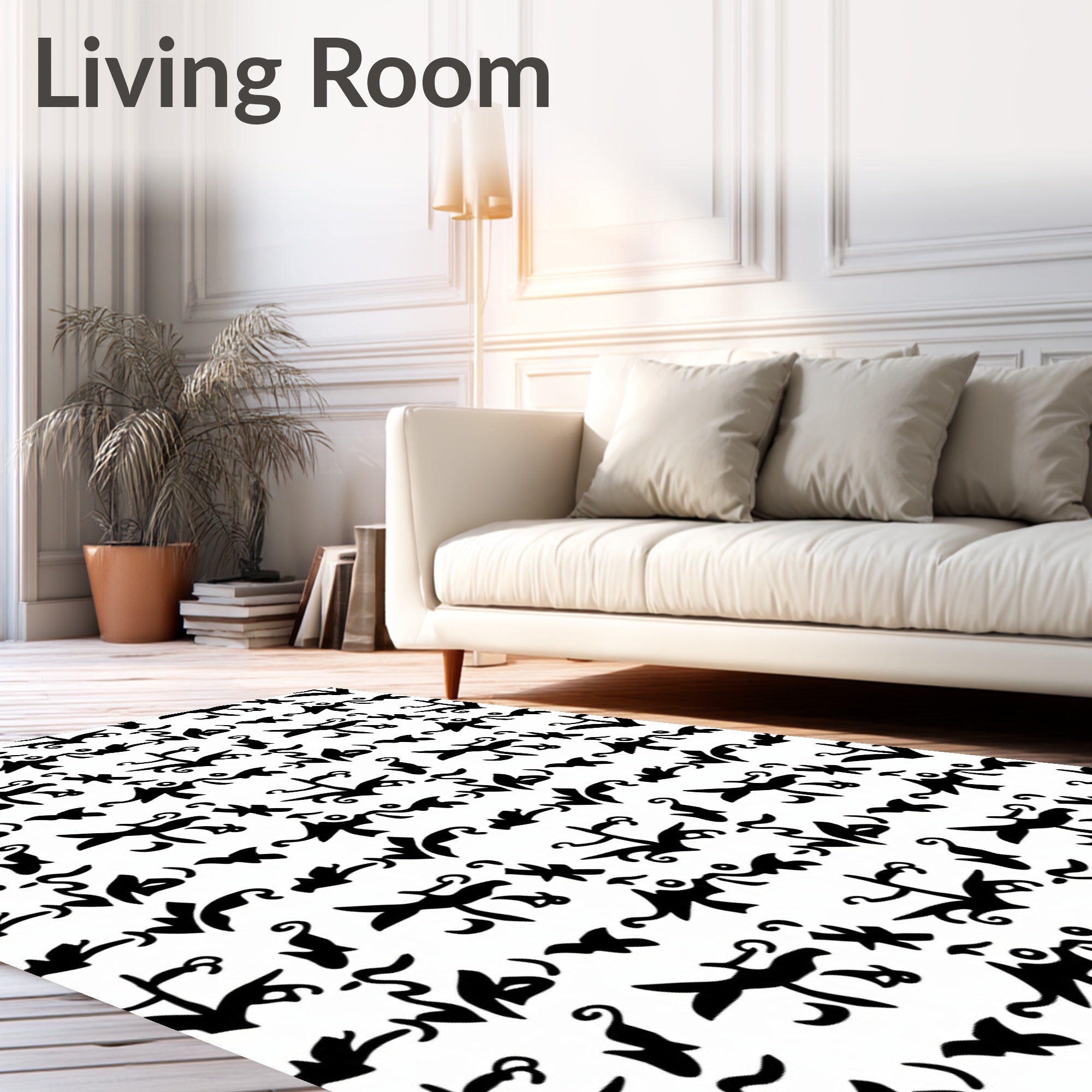 Black White Whimsical Folkloric Animal Arrangement Rug