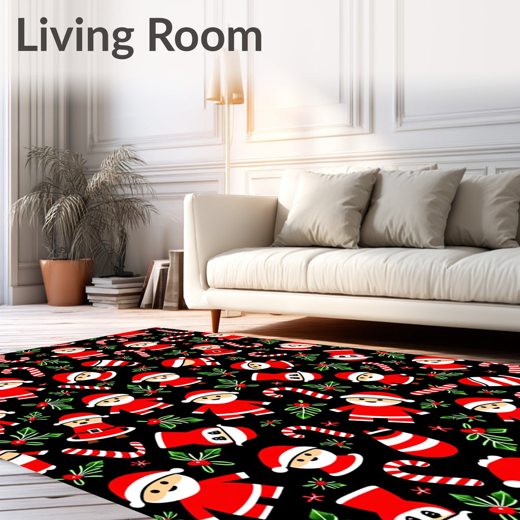 Festive Santa Candy Cane Holly Black Rug