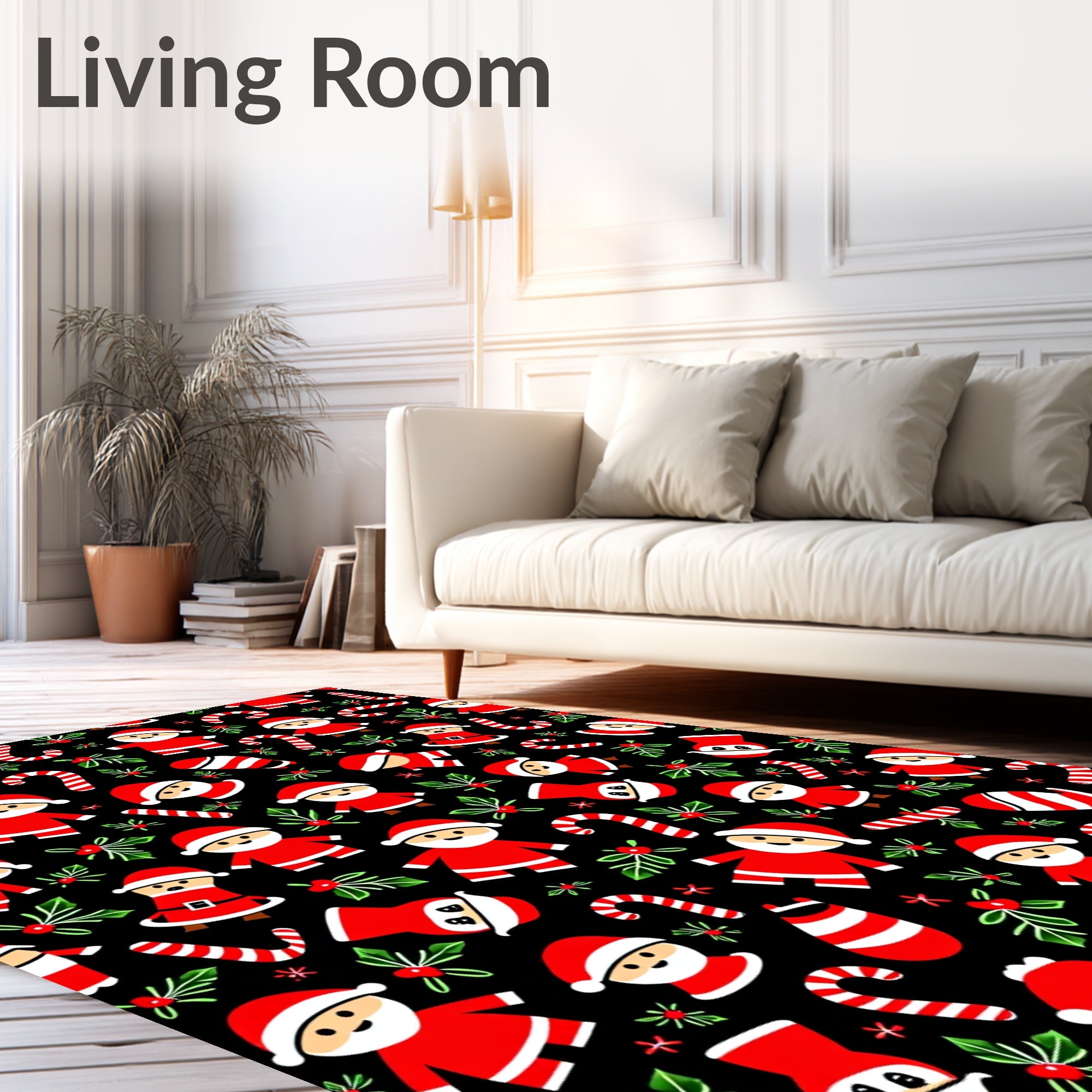 Festive Santa Candy Cane Holly Black Rug