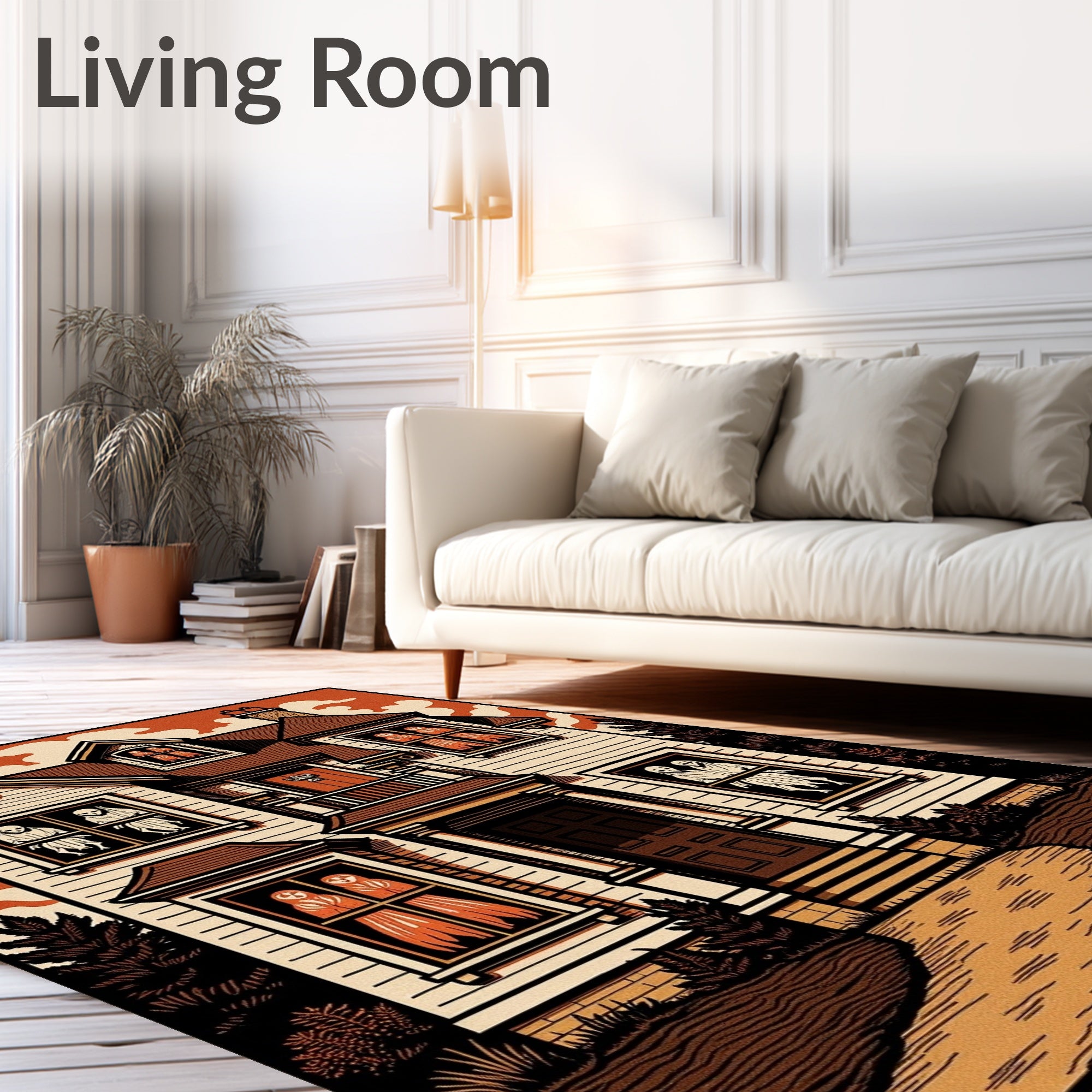 Haunted House Ghost Orange Brown Rug