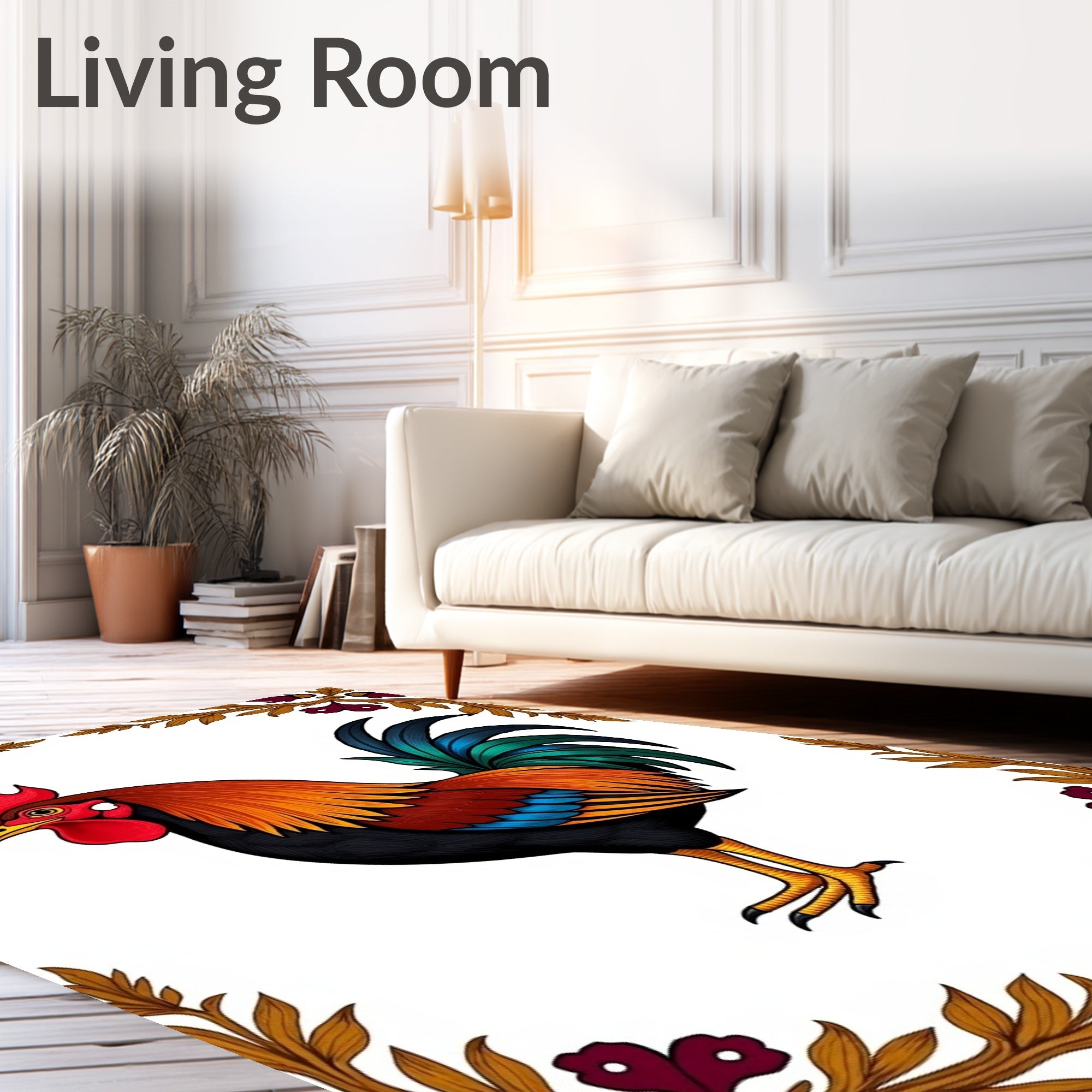 Vibrant Rooster Red Orange Teal Floral Rug