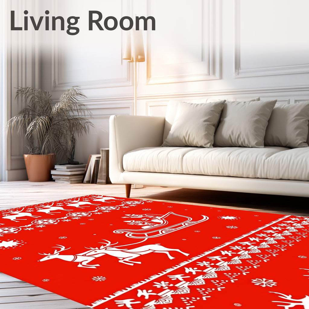 Red Festive Reindeer Sleigh Snowflakes Rug
