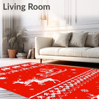 Red Festive Reindeer Sleigh Snowflakes Rug