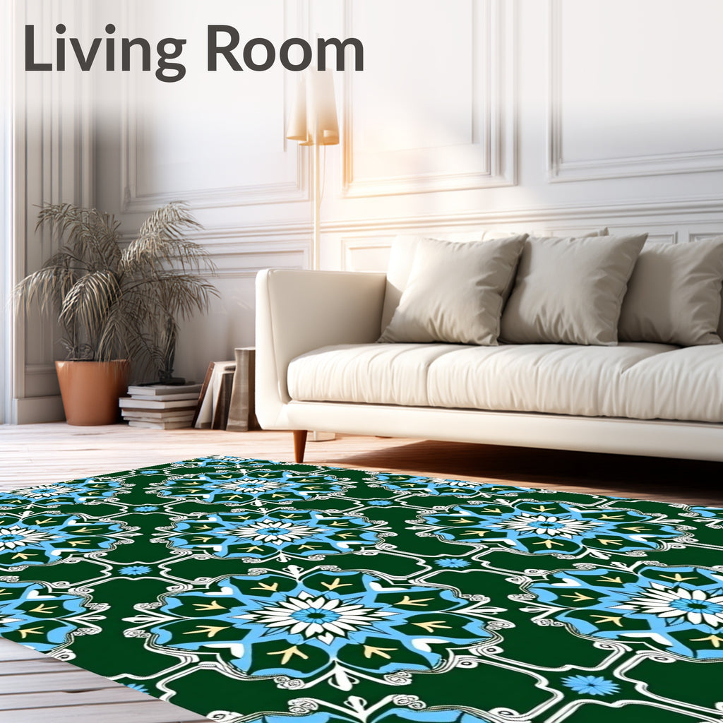 Emerald Blue White Floral Medallion Rug