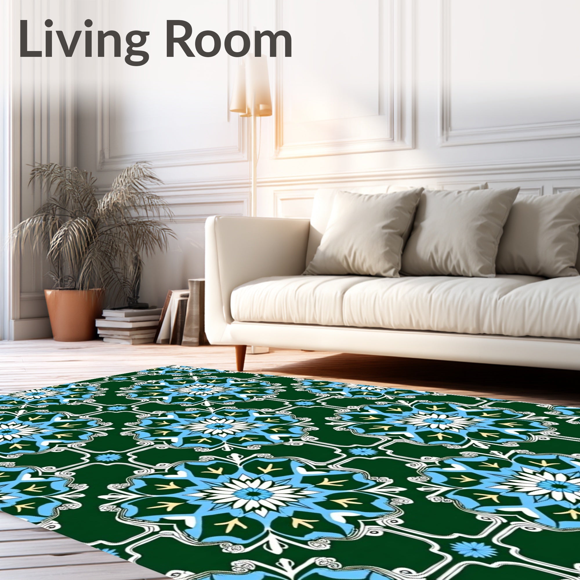 Emerald Blue White Floral Medallion Rug