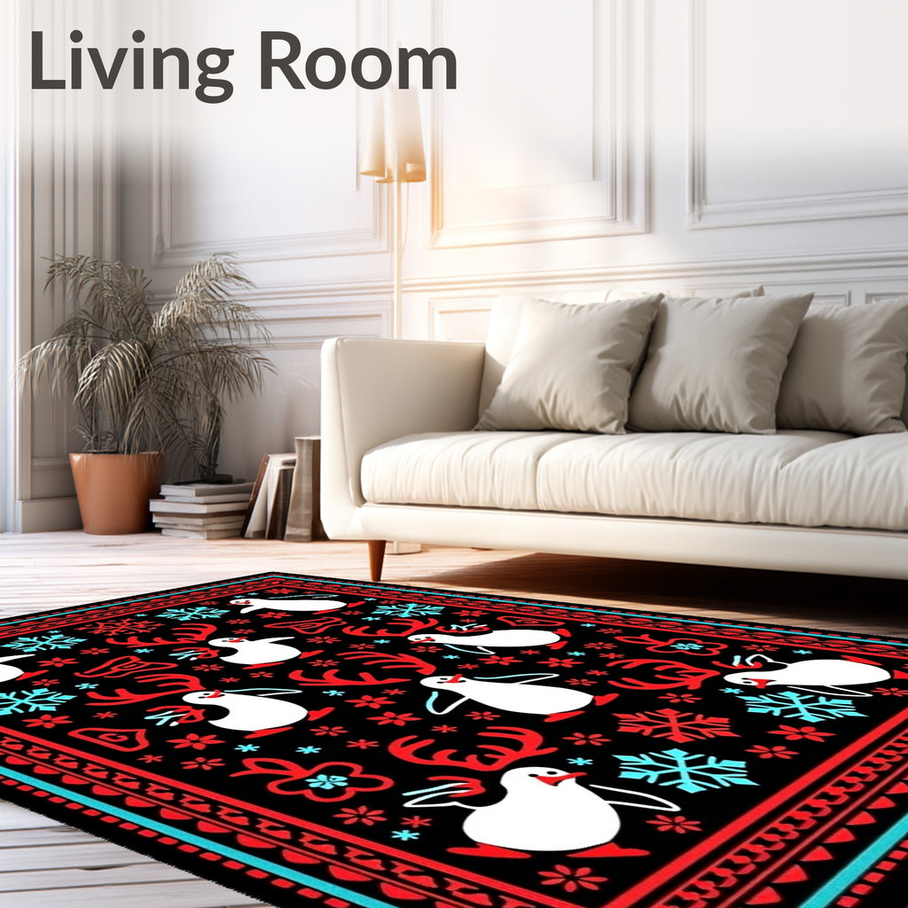 Winter Penguin Snowflake Antler Medallion Rug