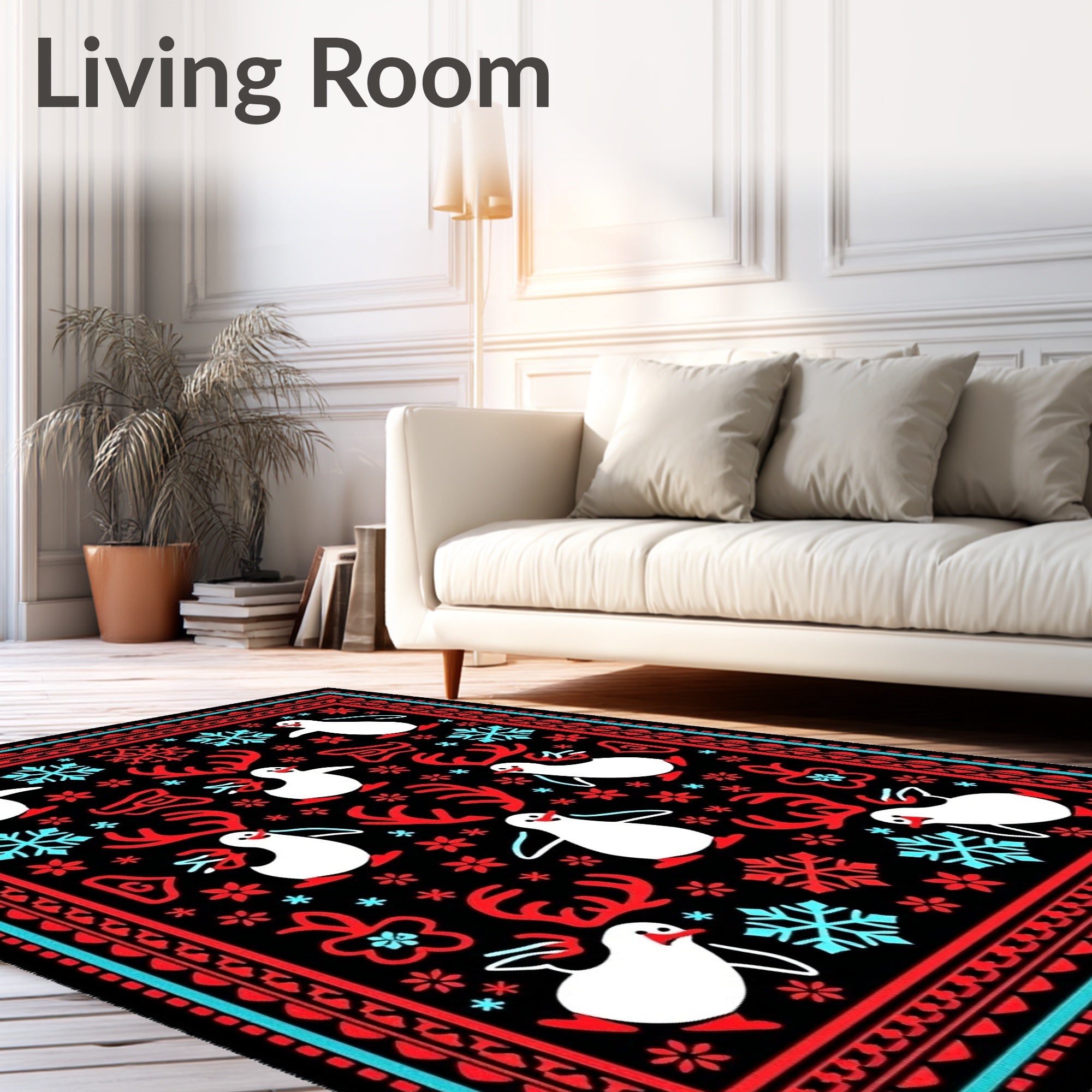 Winter Penguin Snowflake Antler Medallion Rug