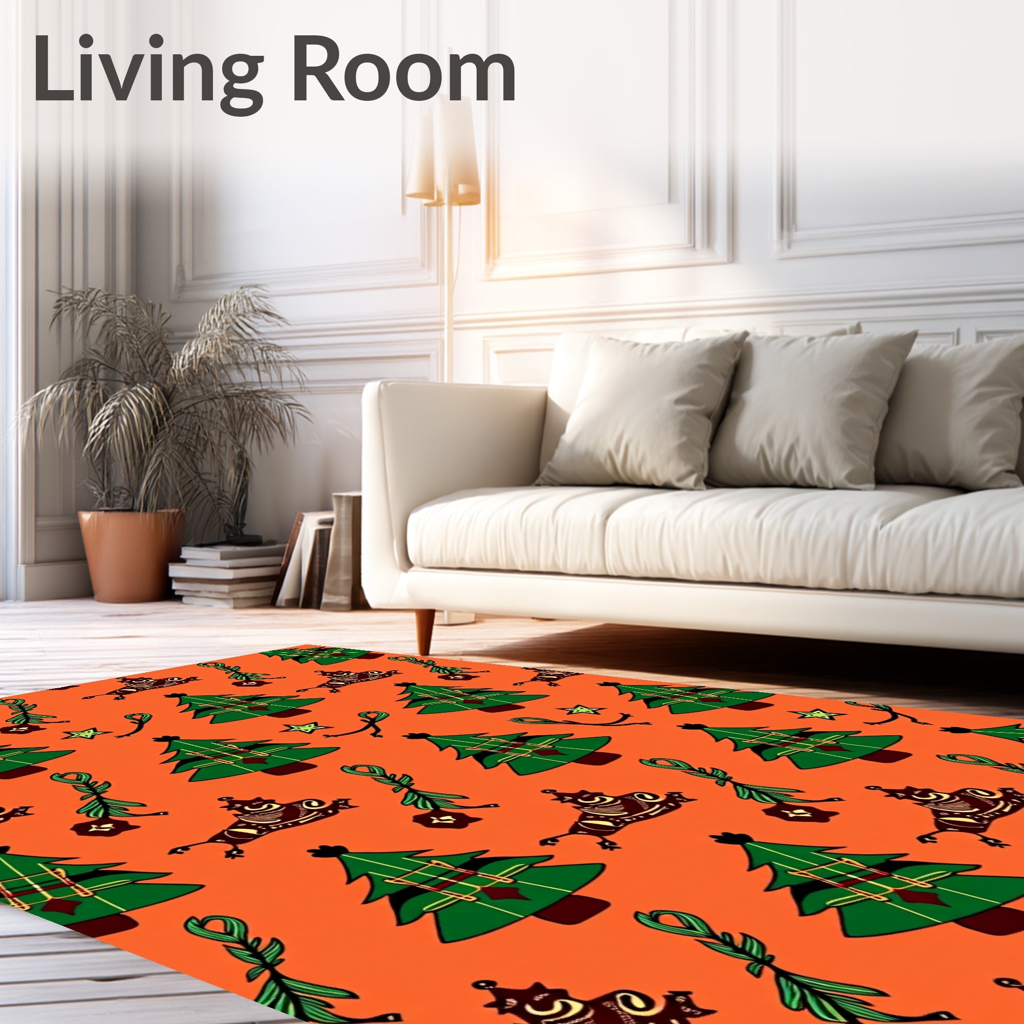 Whimsical Green Christmas Trees Orange Rug