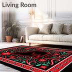 Black Cat Red Floral Whimsical Art Rug