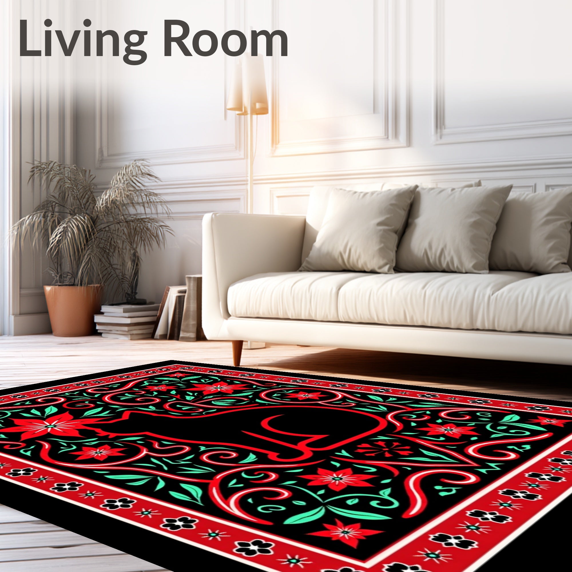 Black Cat Red Floral Whimsical Art Rug