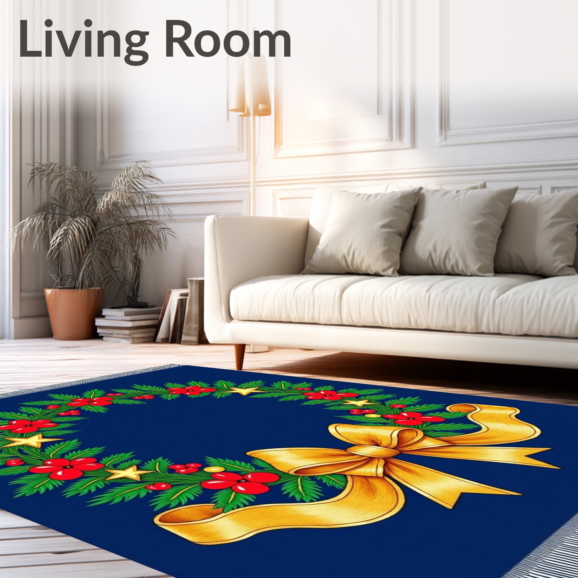 Festive Blue Wreath with Gold Bow Rug