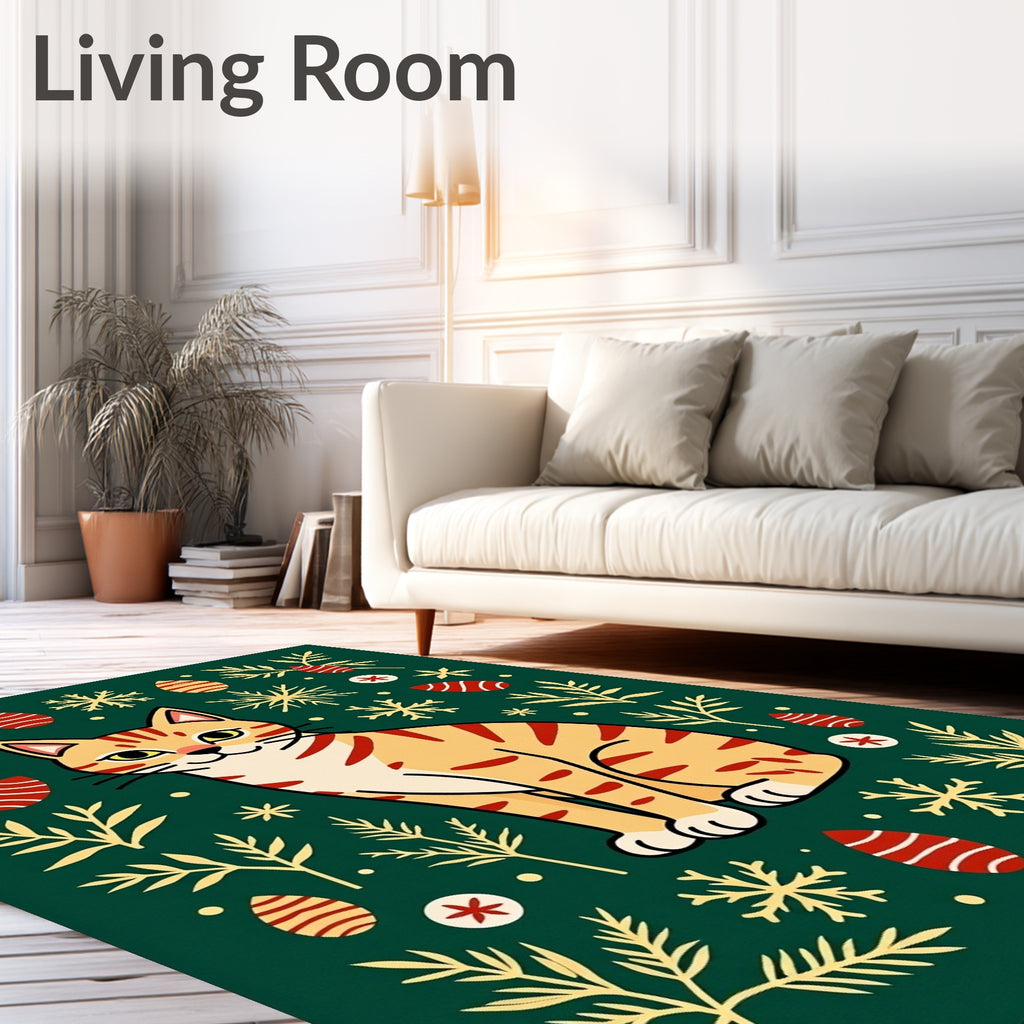 Ginger Cat with Snowflakes and Ornaments Rug