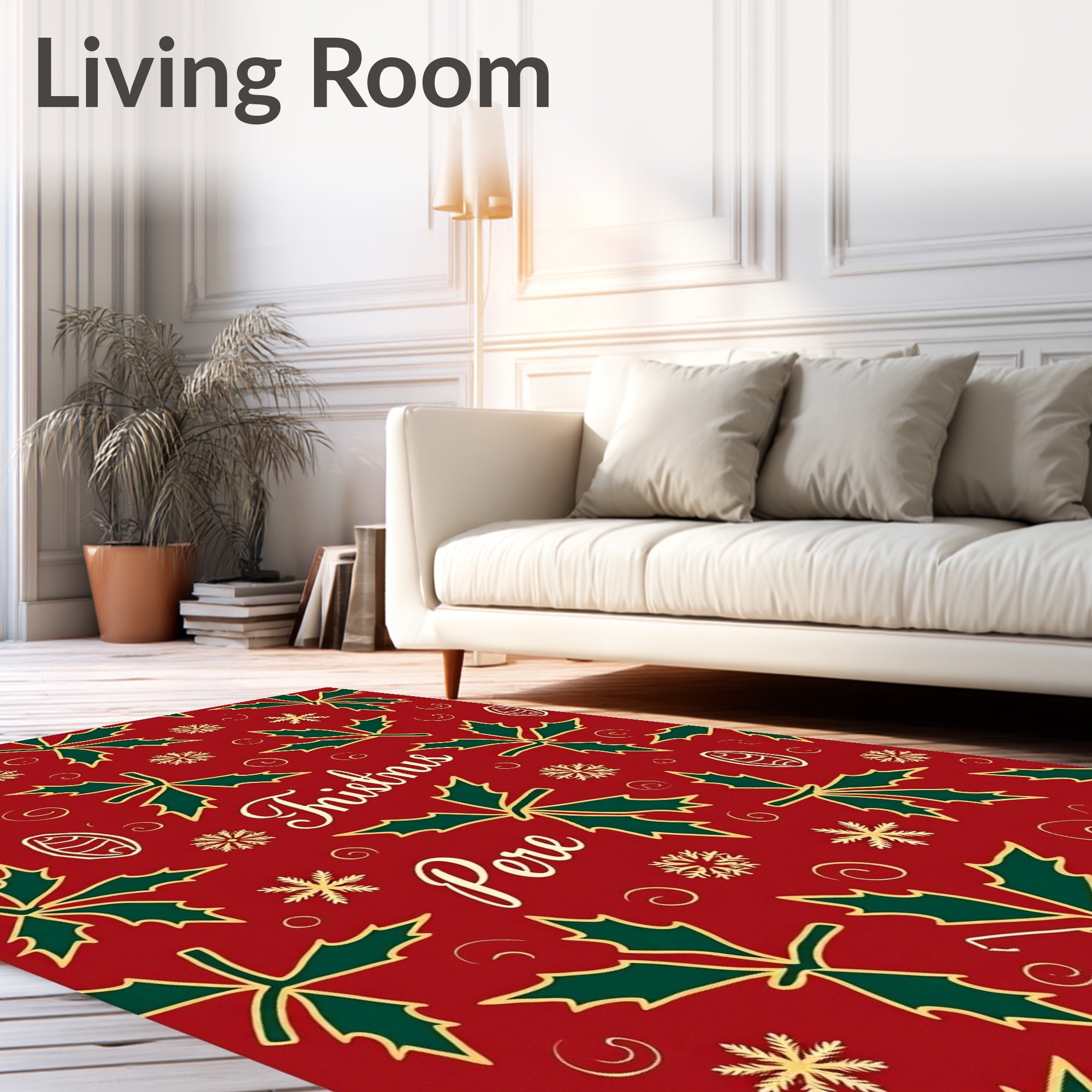 Christmas Holly Snowflake Scroll Red Rug