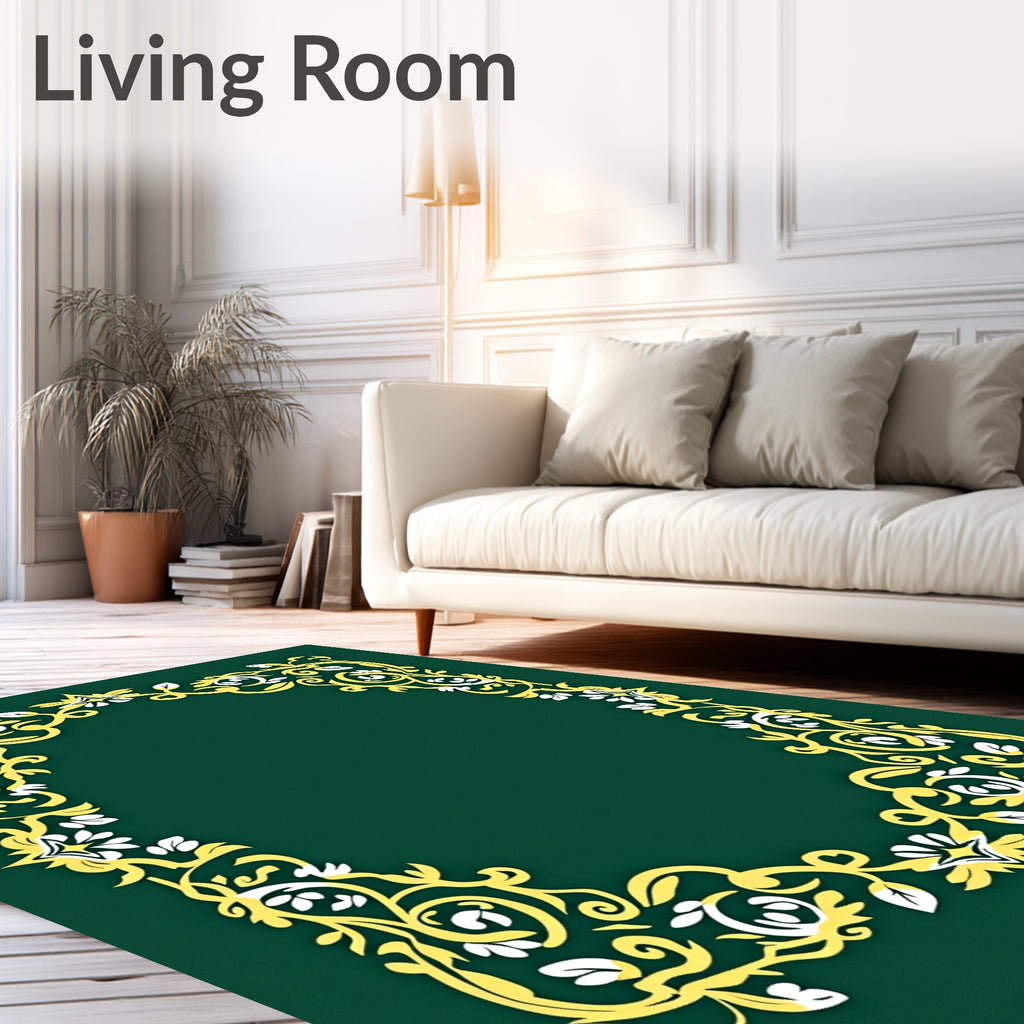 Golden Green Floral Scroll Frame Rug
