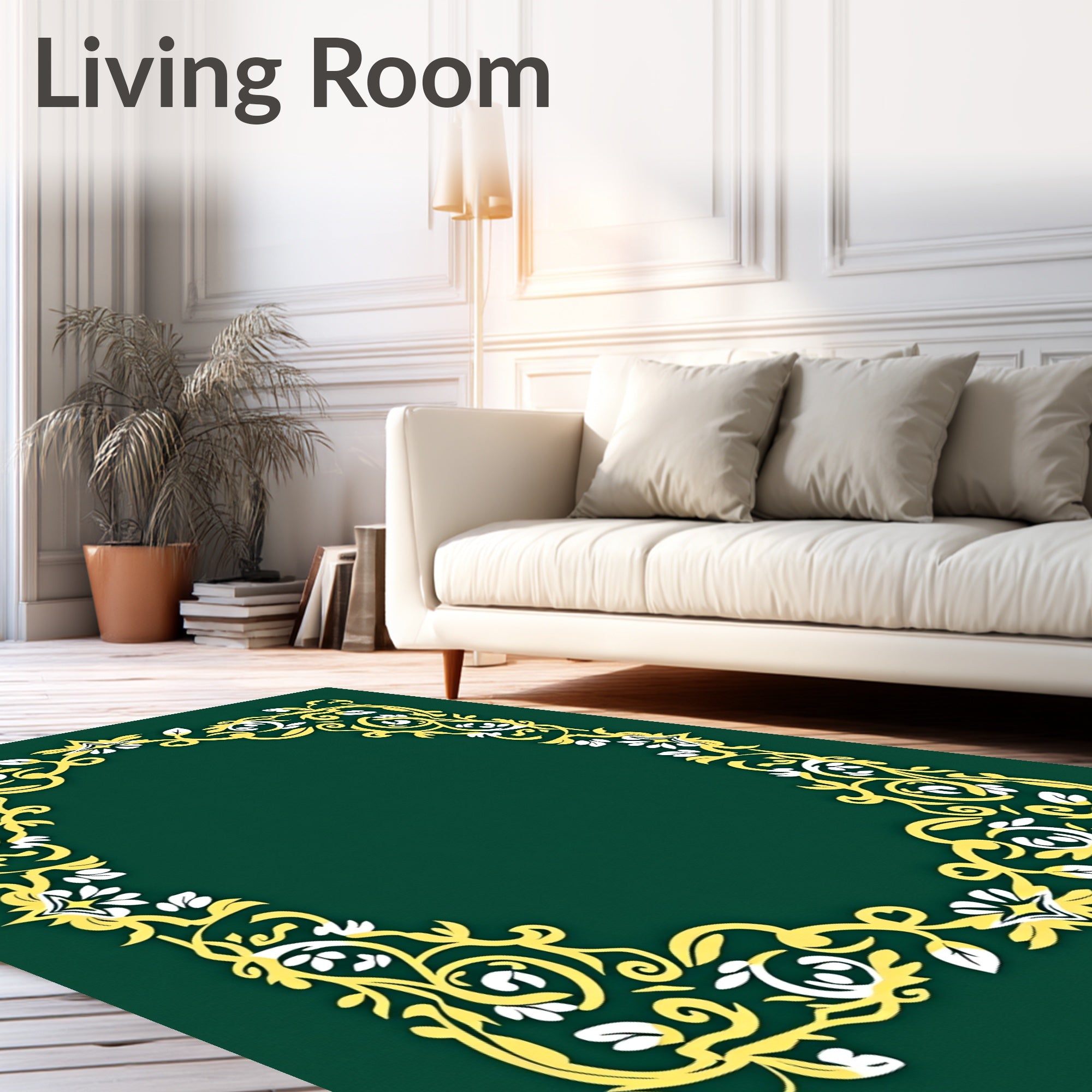 Golden Green Floral Scroll Frame Rug