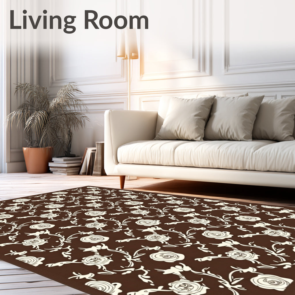 Brown Ivory Rose Vine Scroll Rug