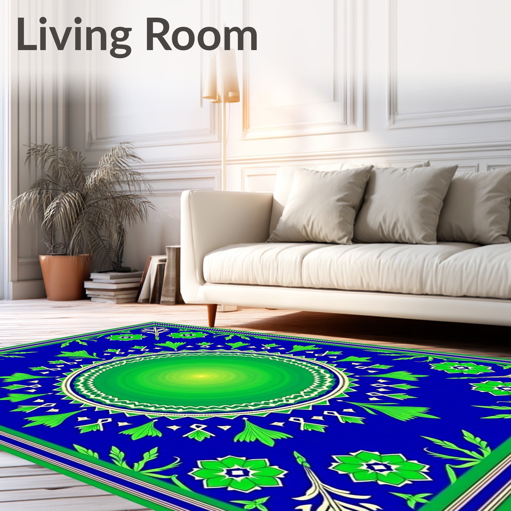 Vibrant Blue Green Floral Medallion Rug