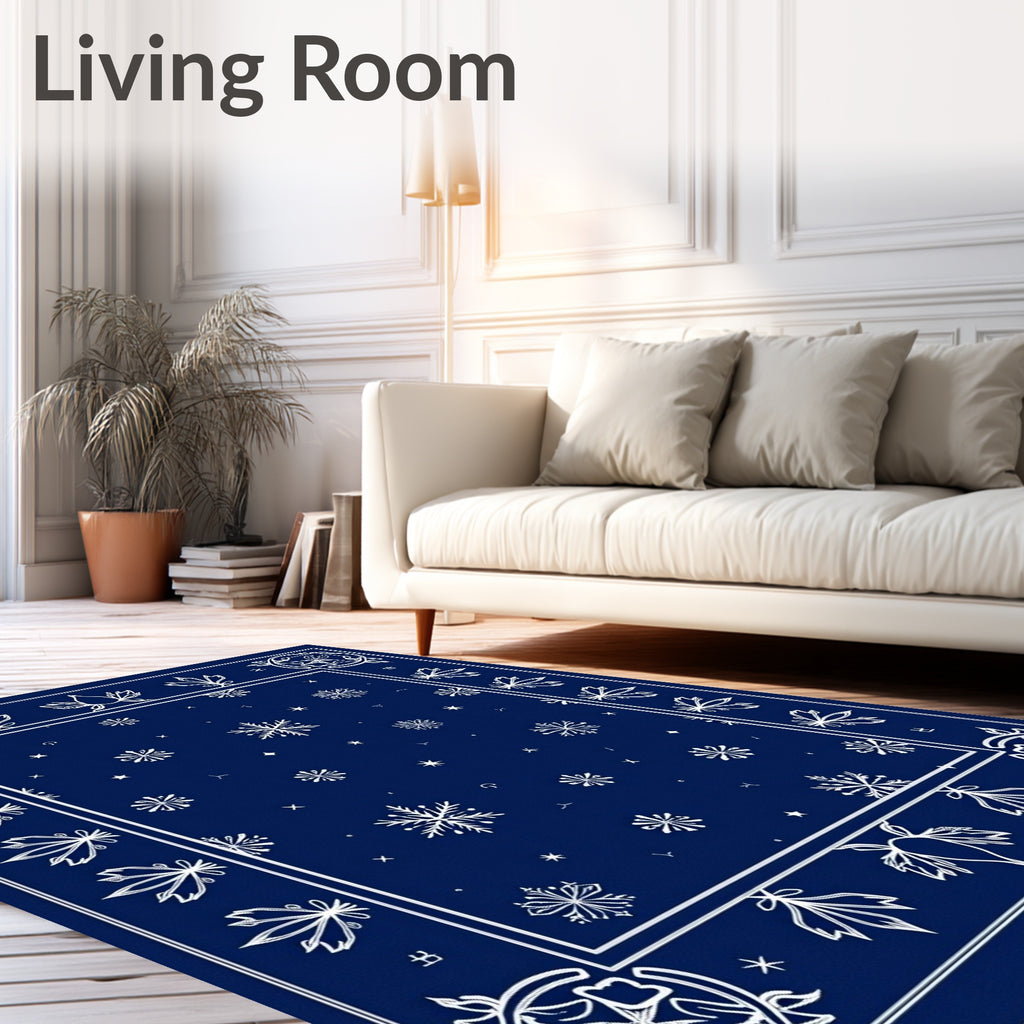 Deep Blue White Snowflake Winter Border Rug