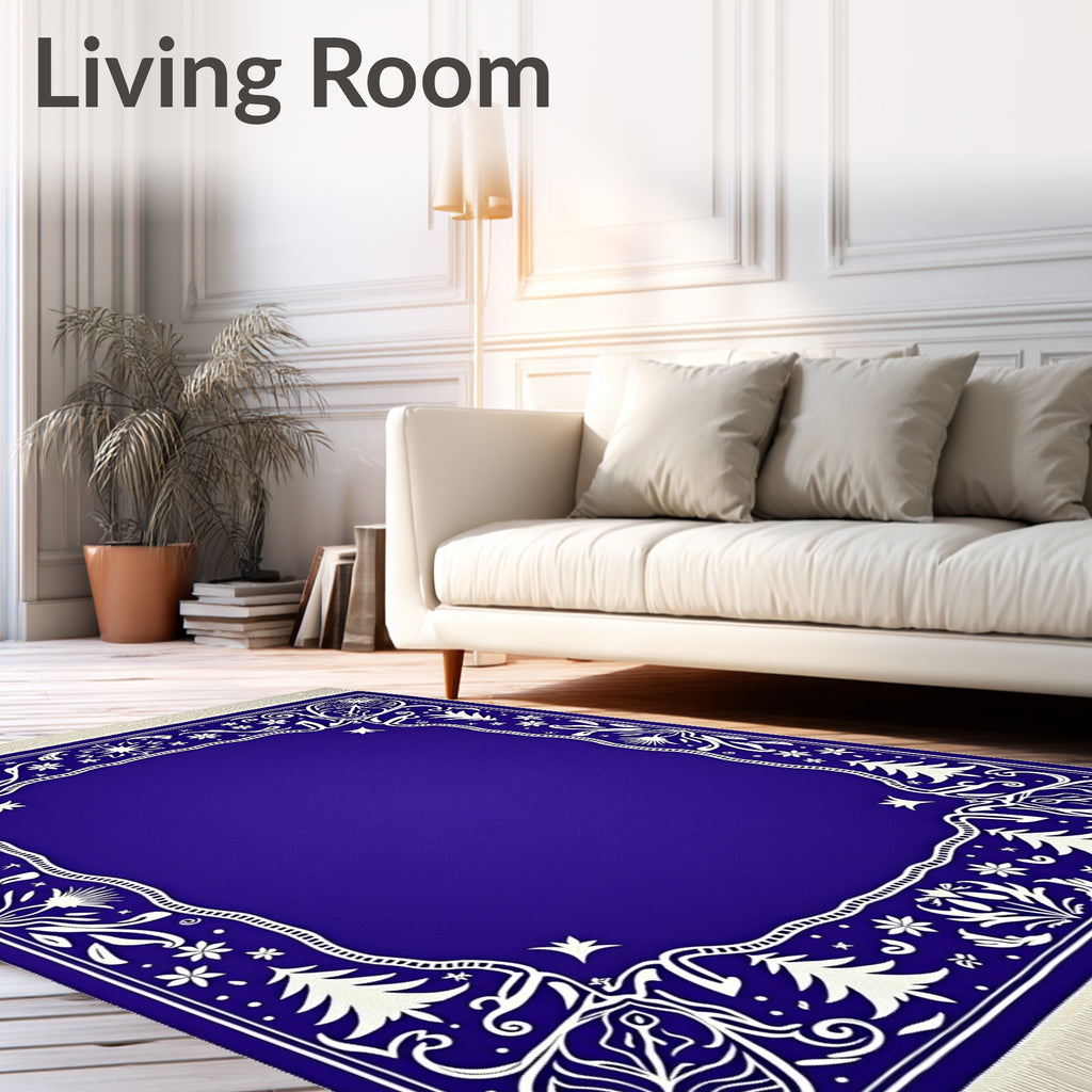 Royal Blue White Floral Holiday Border Rug