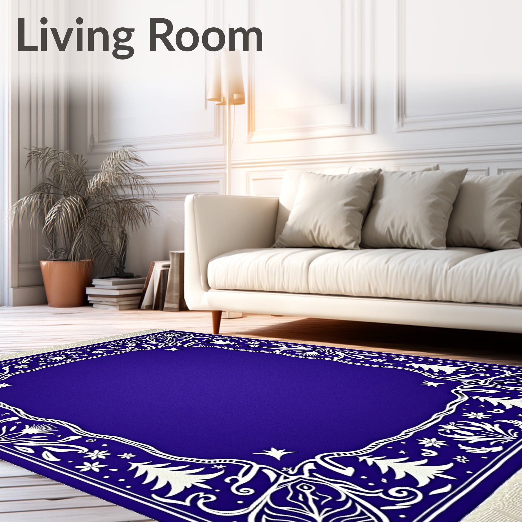 Royal Blue White Floral Holiday Border Rug