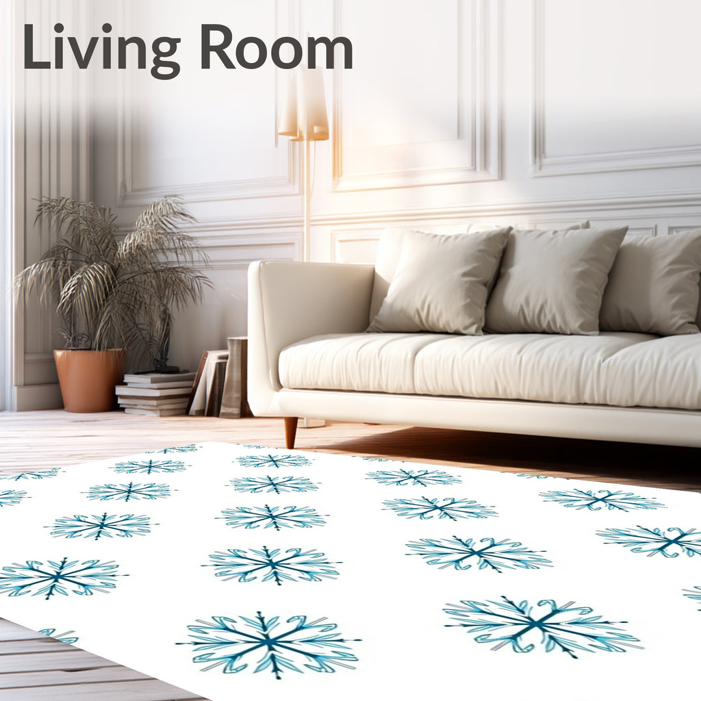 Blue Snowflake Repeat On White Rug