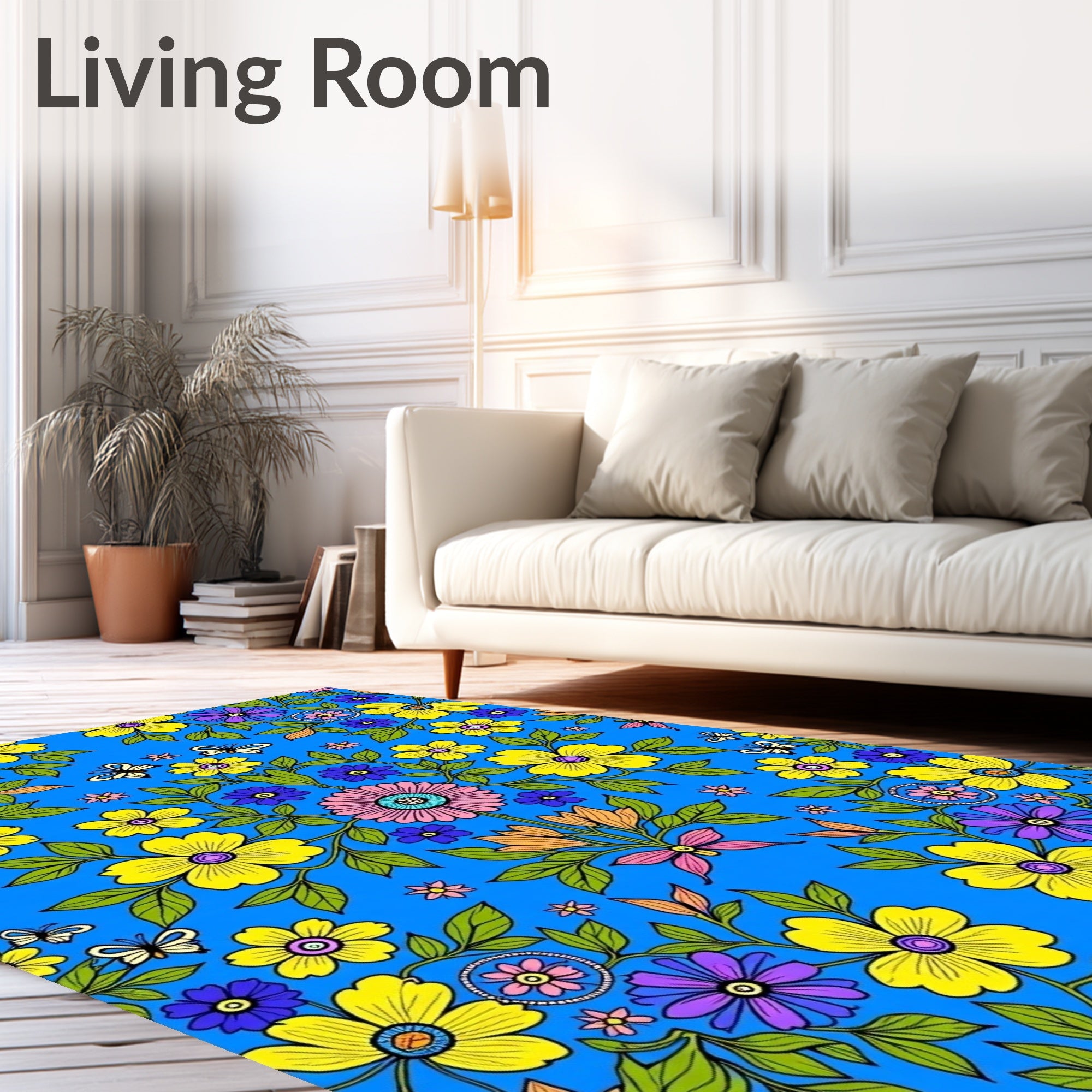 Vibrant Floral Butterfly Garden Blue Rug
