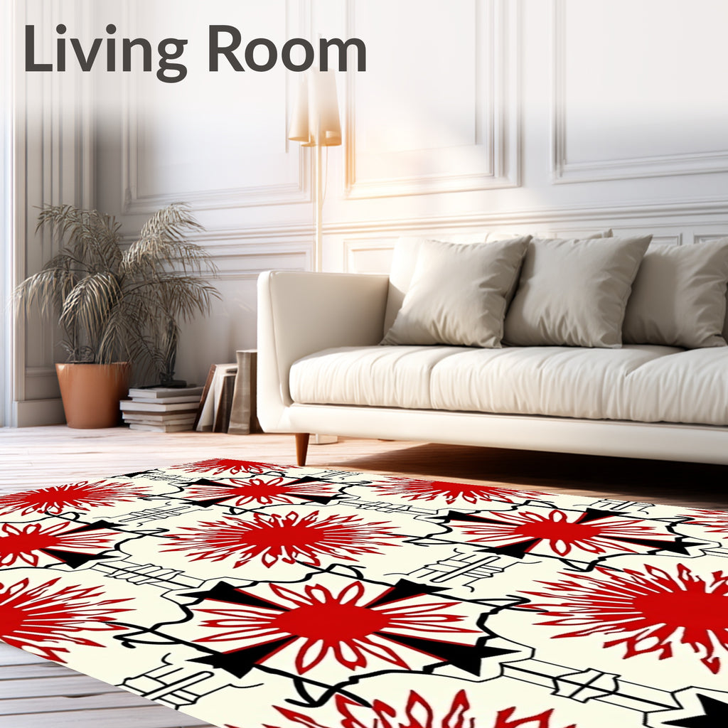 Bold Red Sunburst Geometric Arrangement Rug