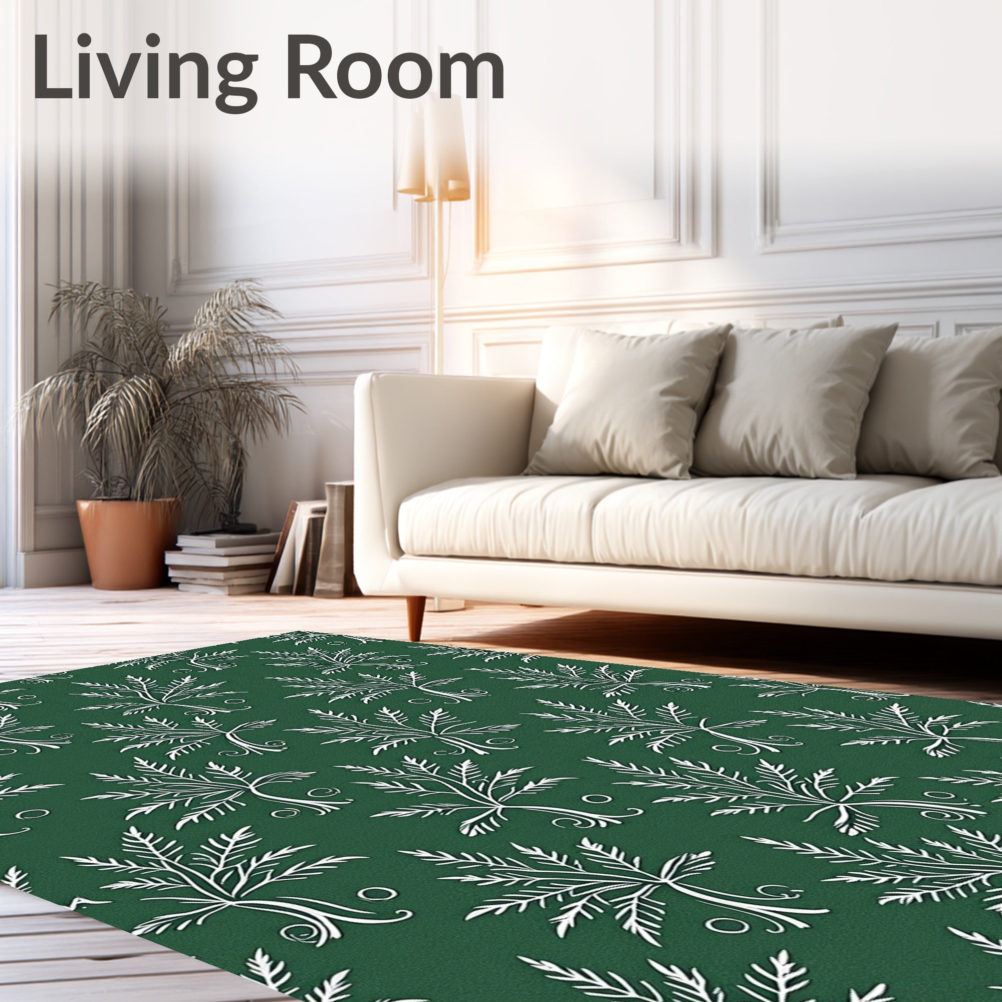 White Ferns on Deep Green Background Rug