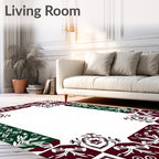 Maroon White Green Floral Tile Frame Rug