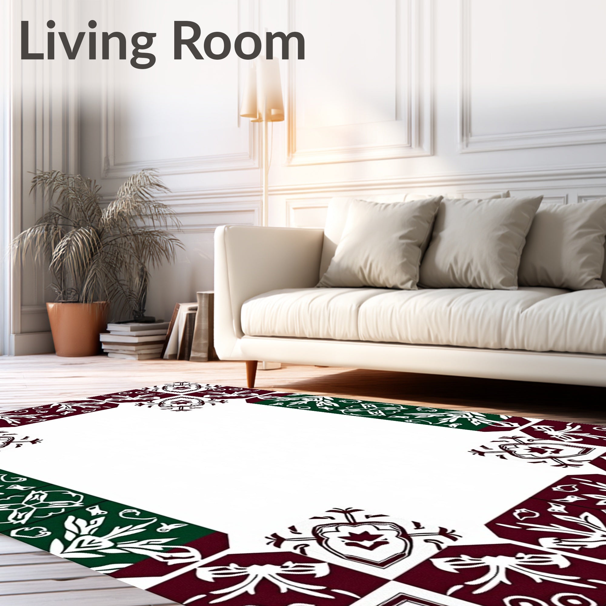 Maroon White Green Floral Tile Frame Rug