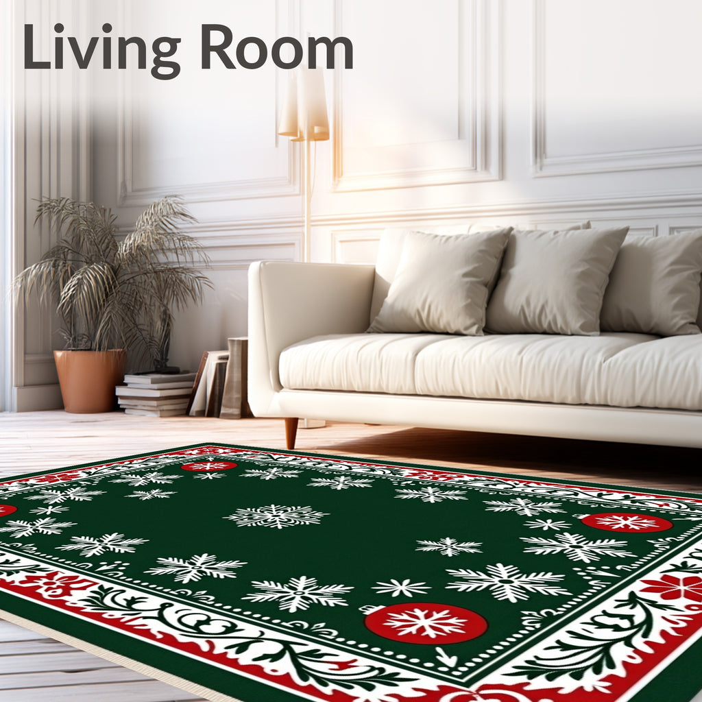 Green Snowflake Christmas Ornament Border Rug