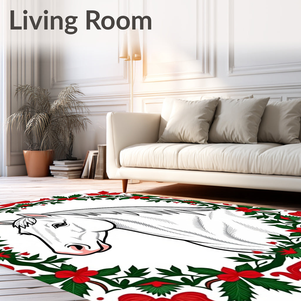 White Horse Festive Floral Wreath Rug