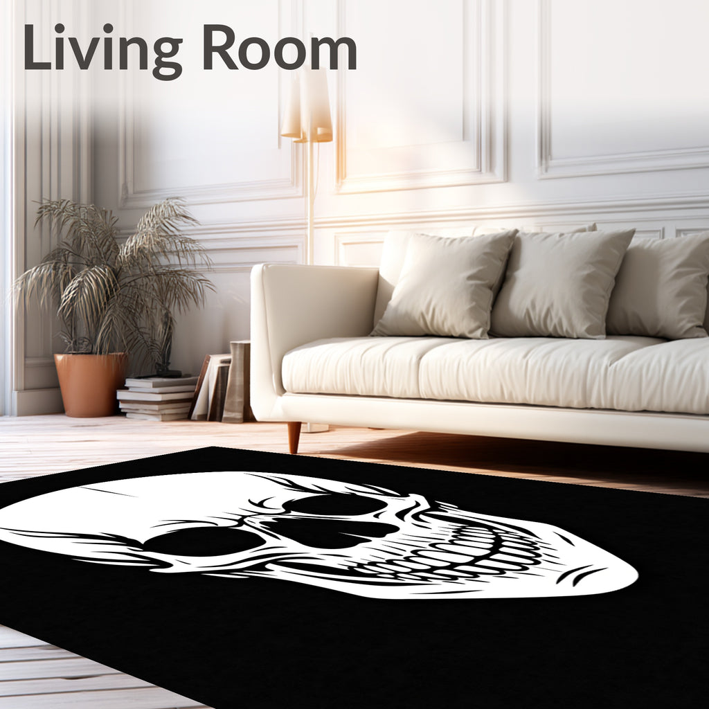 Classic White Skull Black Graphic Rug