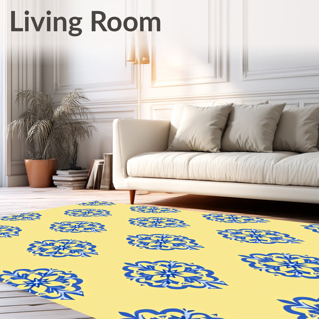 Royal Blue Floral Medallions on Yellow Field Rug