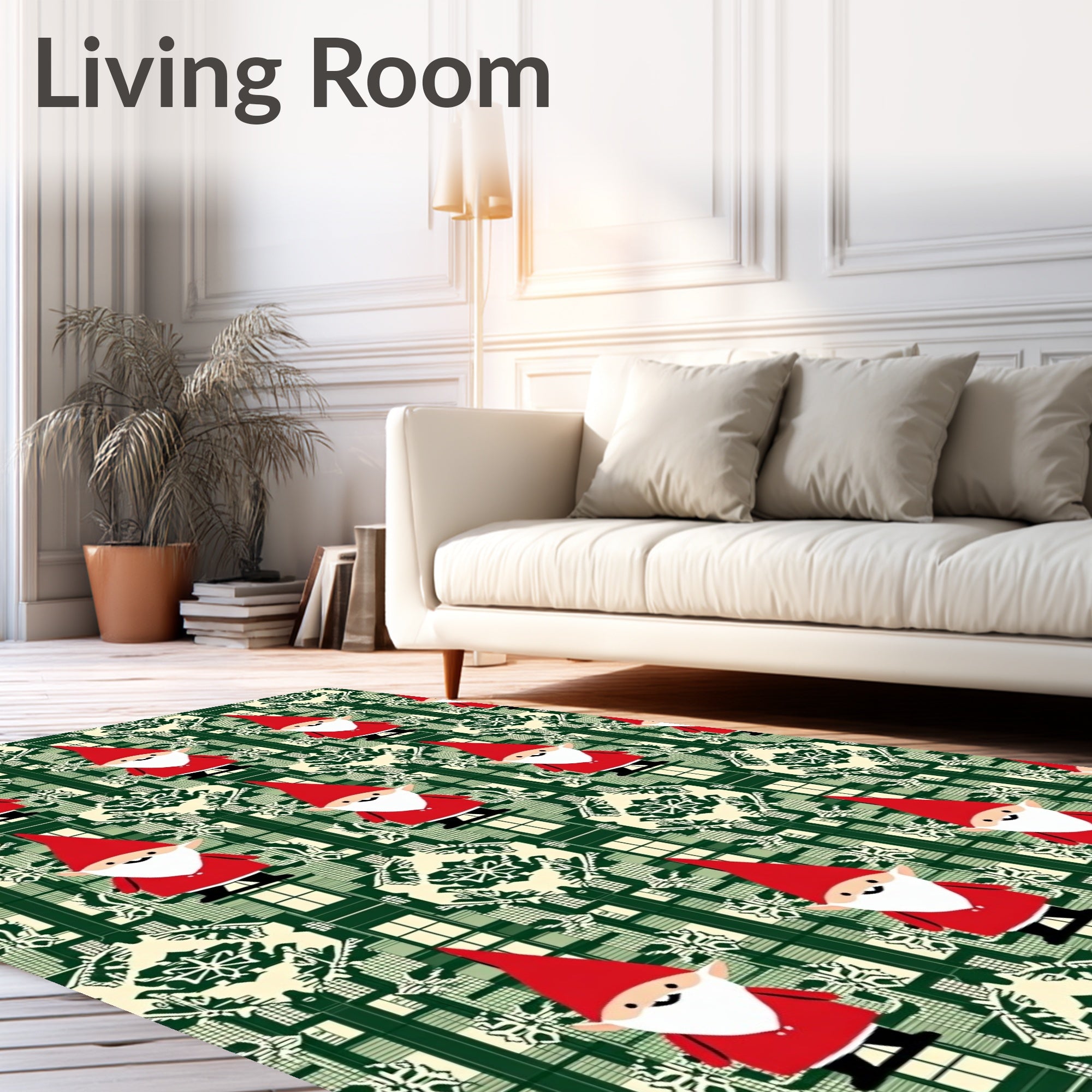 Festive Red Gnome Green Damask Rug