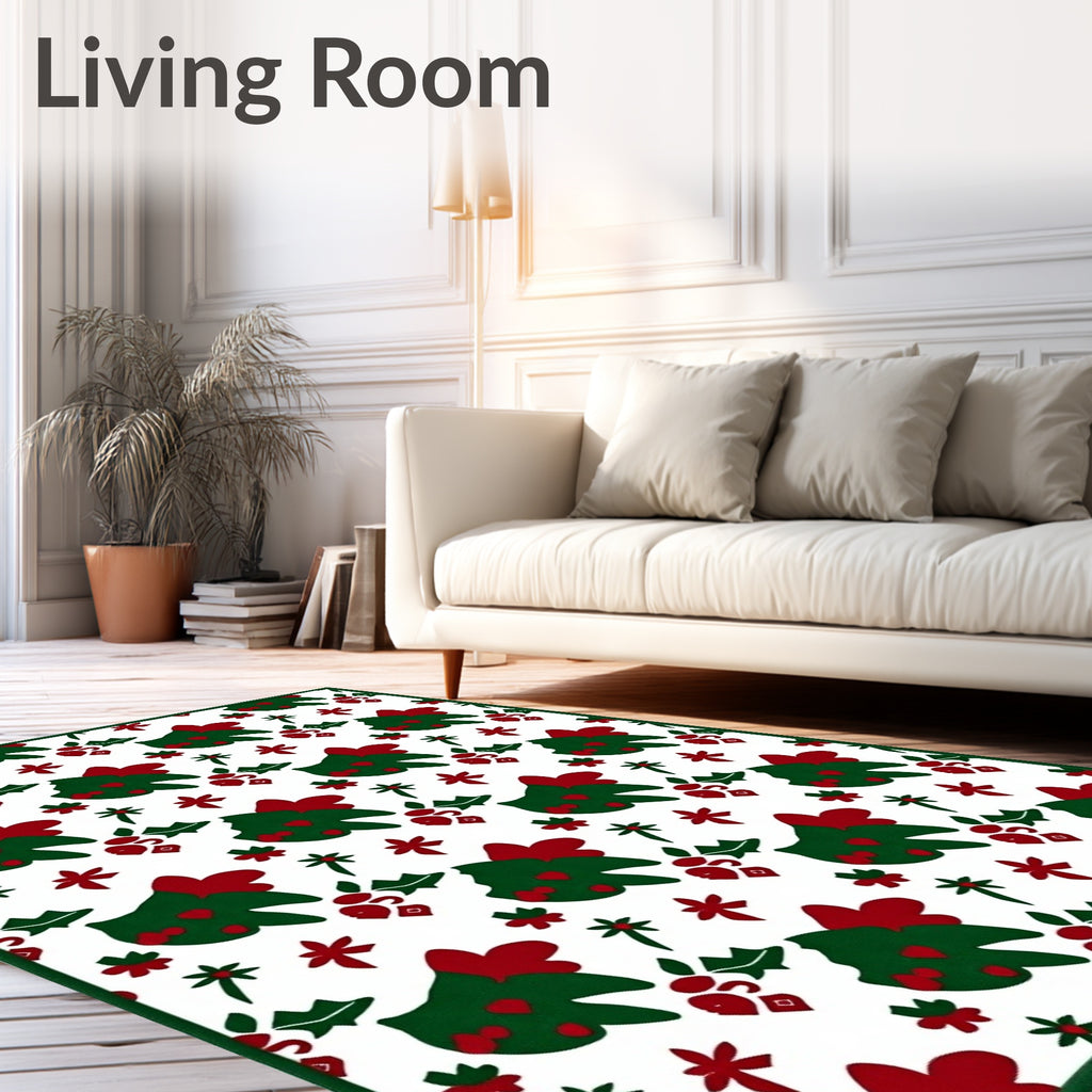 Festive Green Red Christmas Tree Holly Rug