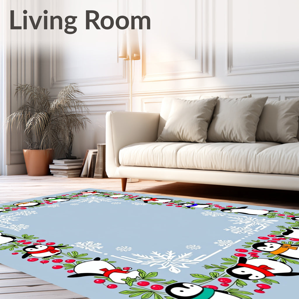 Cute Penguin Red Berry Border Snowflakes Rug