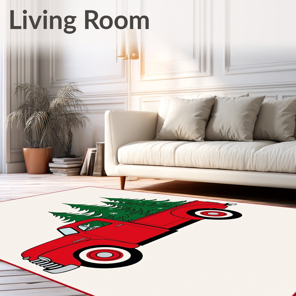 Vintage Red Truck Pine Trees Rug